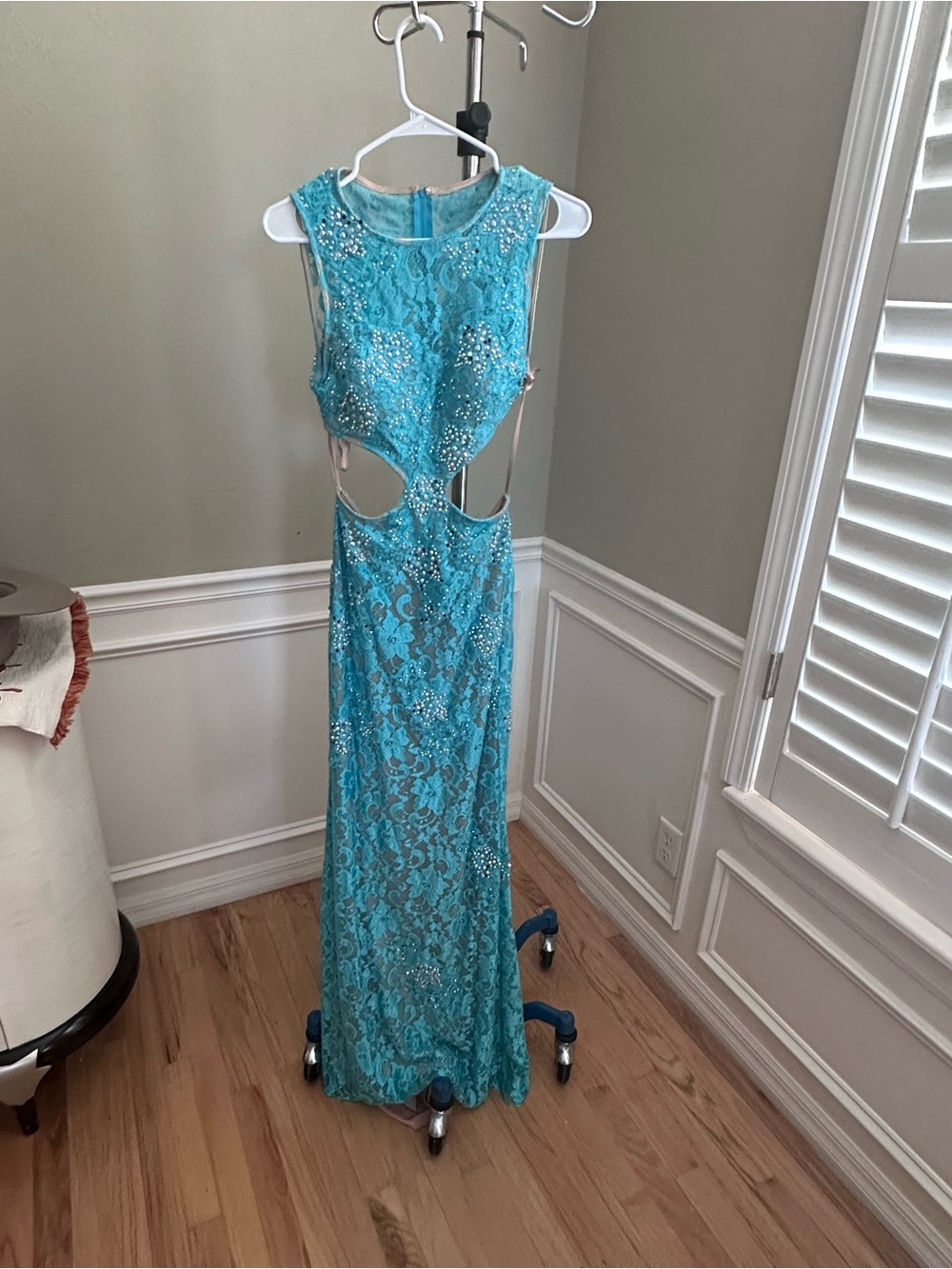 Jovani Turquoise Lace Prom Gown with Cutouts